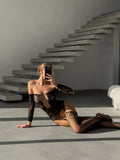 Siyah Dantel Vücut Çorabı-Çiçek Desenli Transparan Fantazi Bodystocking